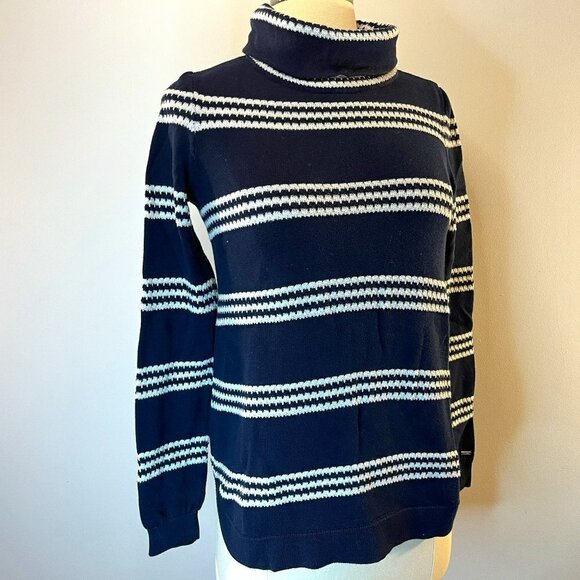Tommy Hilfiger Women's Navy White Striped Knit Turtleneck Sweater - Size XXS - Picture 1 of 5
